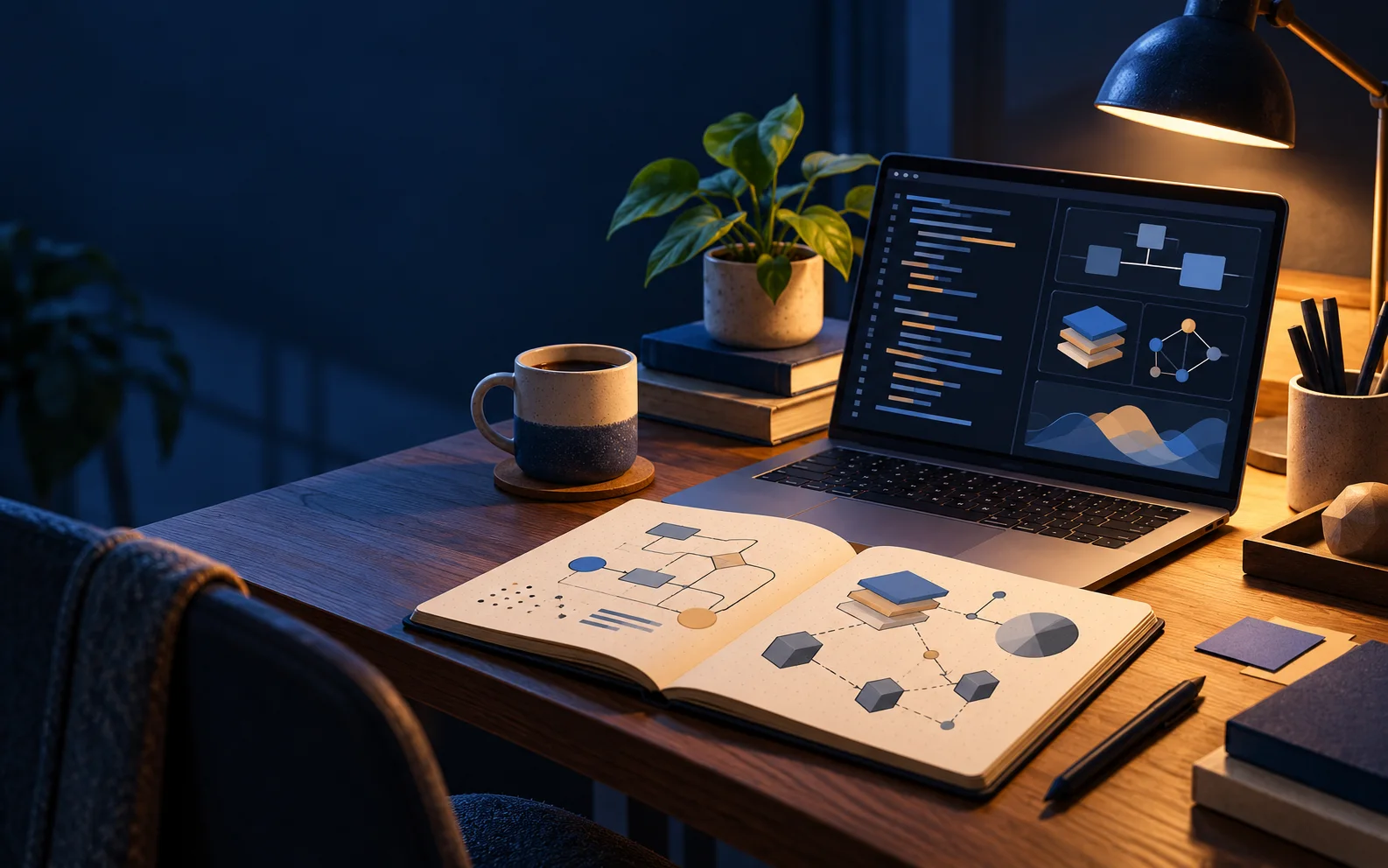 Engineering notebook and laptop with software architecture notes